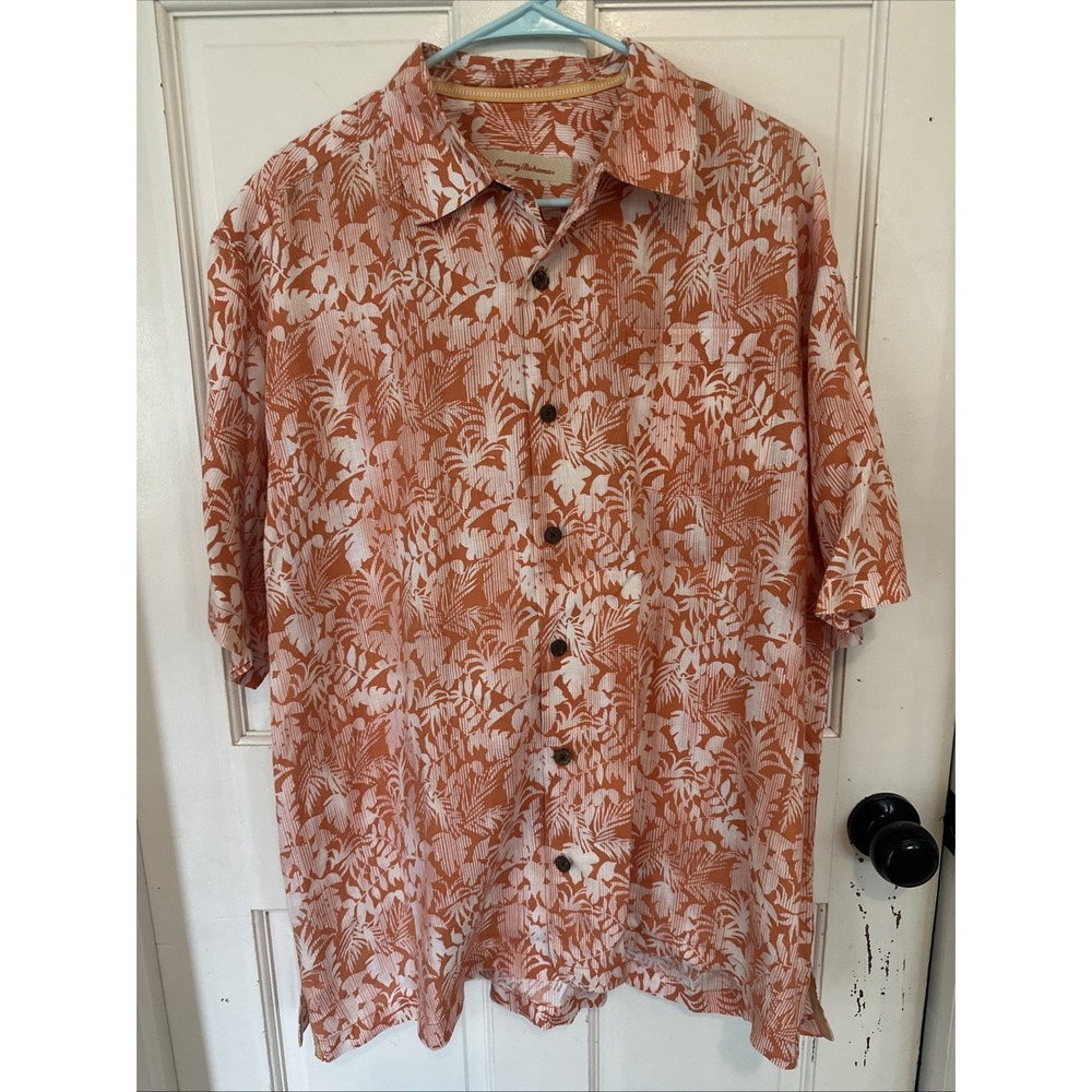 Tommy Bahama Hawaiian‎ Shirt Mens Large 100 % Linen Orange Floral Tropical